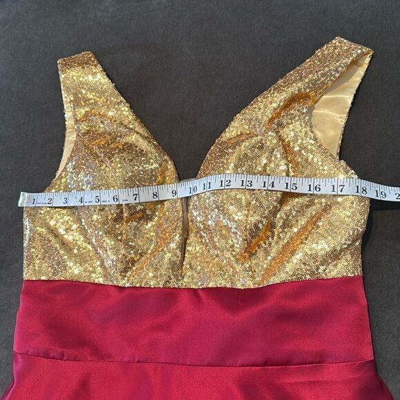 Women’s Gold Sequined Bodice V-Neck Red Satin Prom Party Dress *Size M/L - Picture 11 of 11